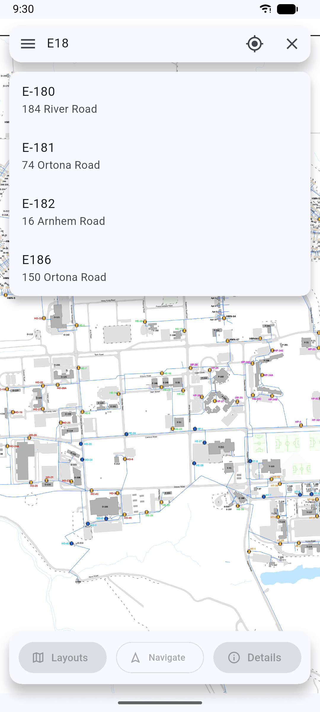 Borden Nav phone search displaying matching building codes and addresses.