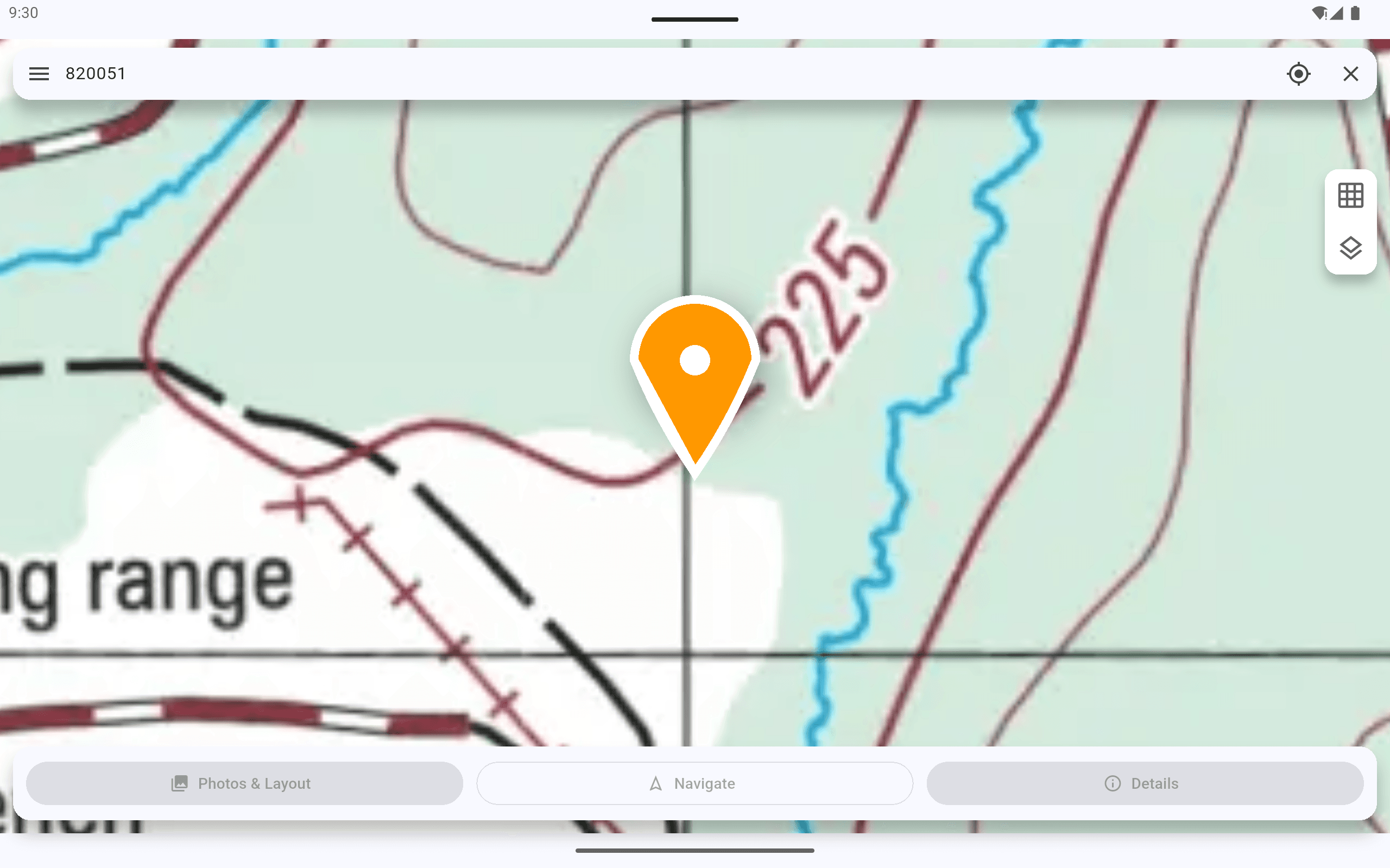 Borden Nav tablet showing a searched six-figure grid reference and its orange location pin on the topographic map.