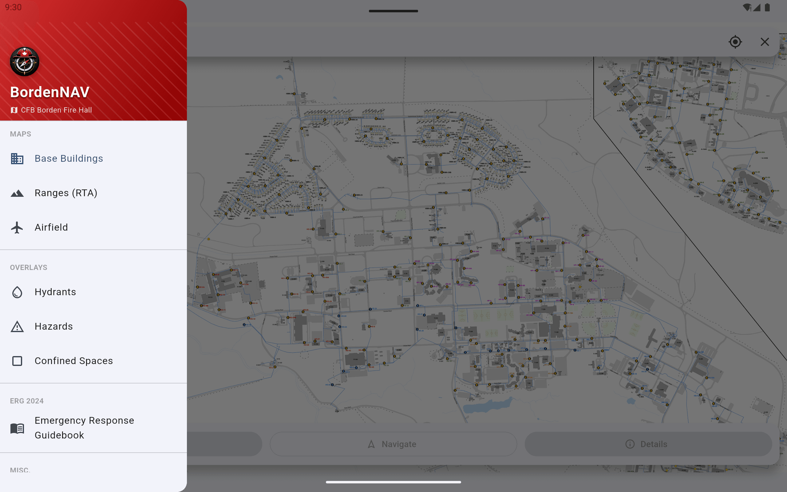 Borden Nav tablet map overview with the sidebar open, showing map layers and reference tools.