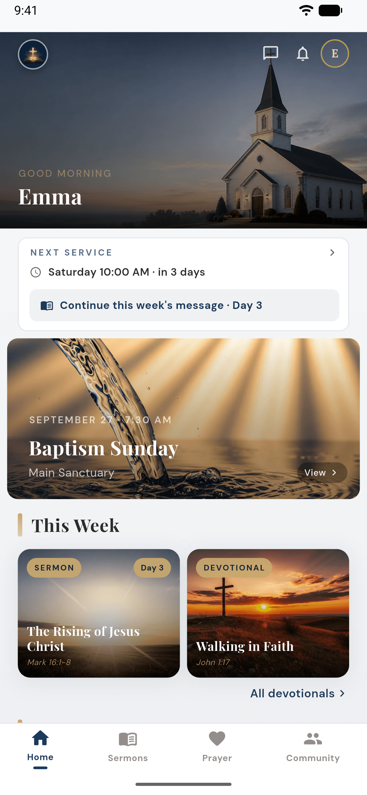 Devotion church member home showing the next service, this week's message, a featured event, and sermon and devotional cards.