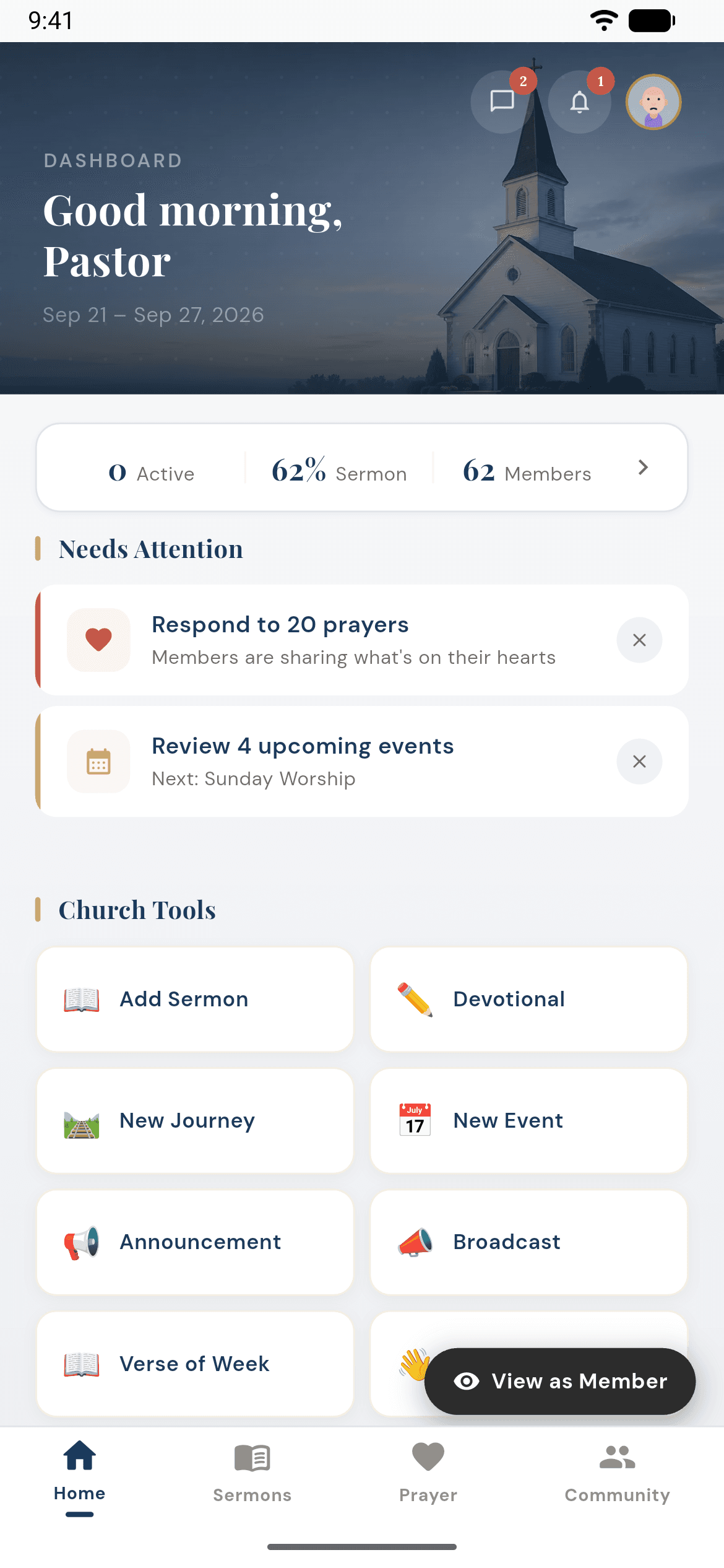 Devotion pastor dashboard with church activity indicators and tools for sermons, devotionals, journeys, events, and announcements.