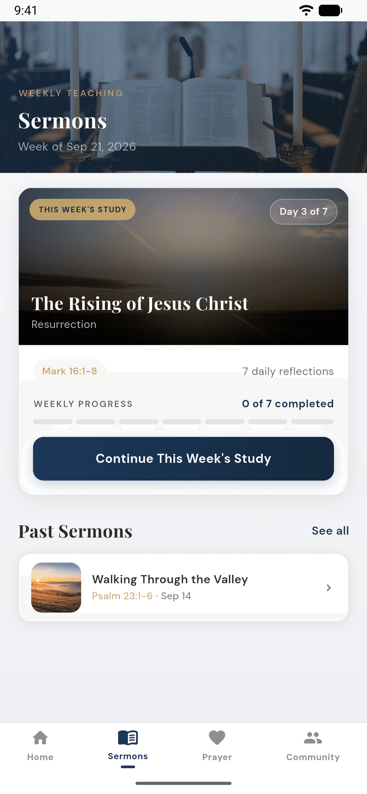 Devotion church sermon screen with a weekly study, seven daily reflections, progress tracking, and past sermons.