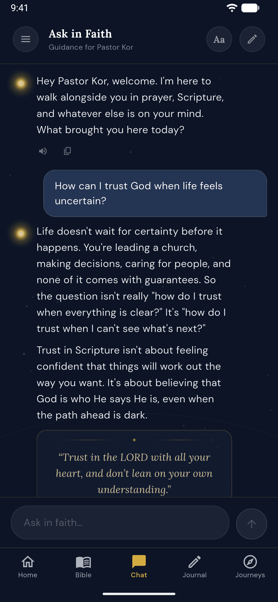 Devotion Ask in Faith conversation in dark mode, with a question about uncertainty and a Scripture-supported response.