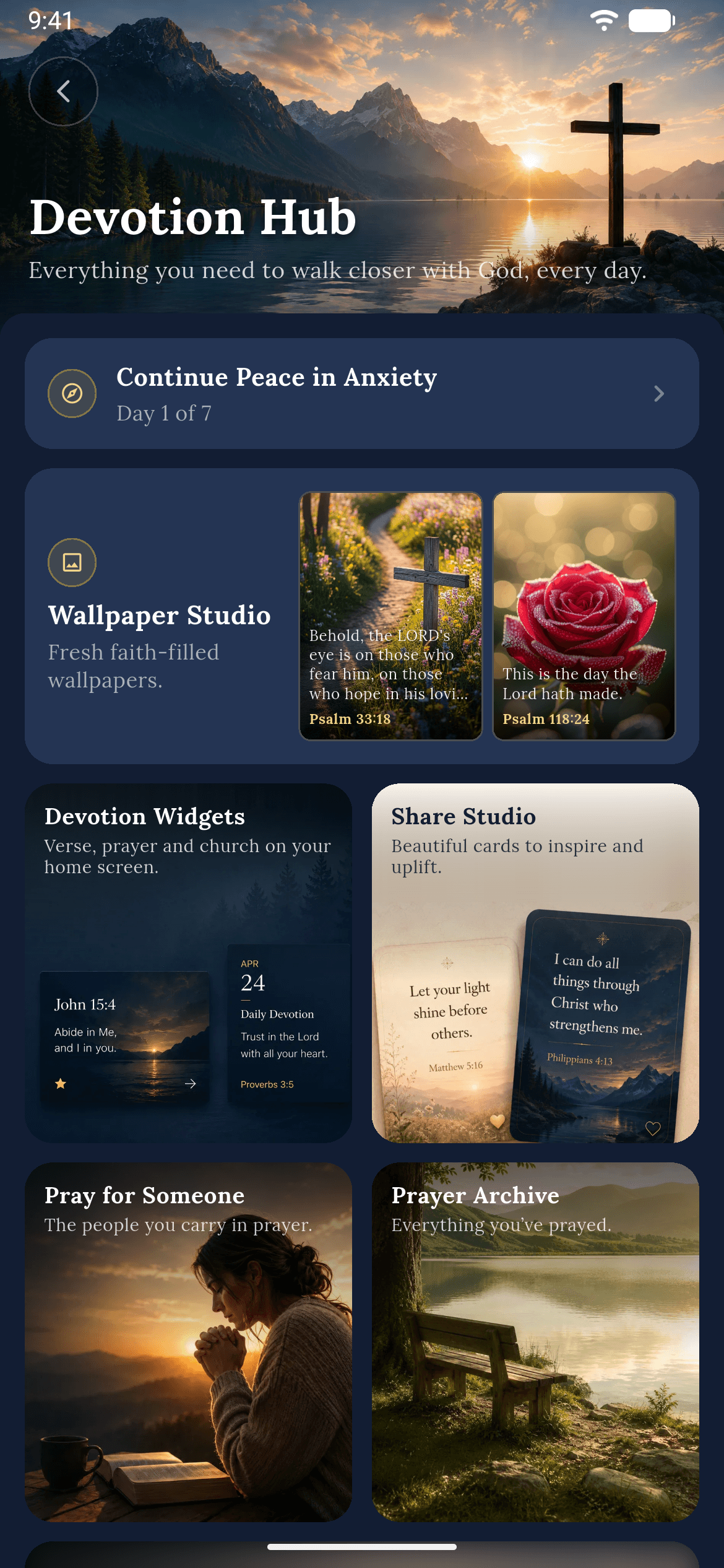 Devotion Hub in dark mode, with a continuing journey, Wallpaper Studio, widgets, Share Studio, and prayer tools.