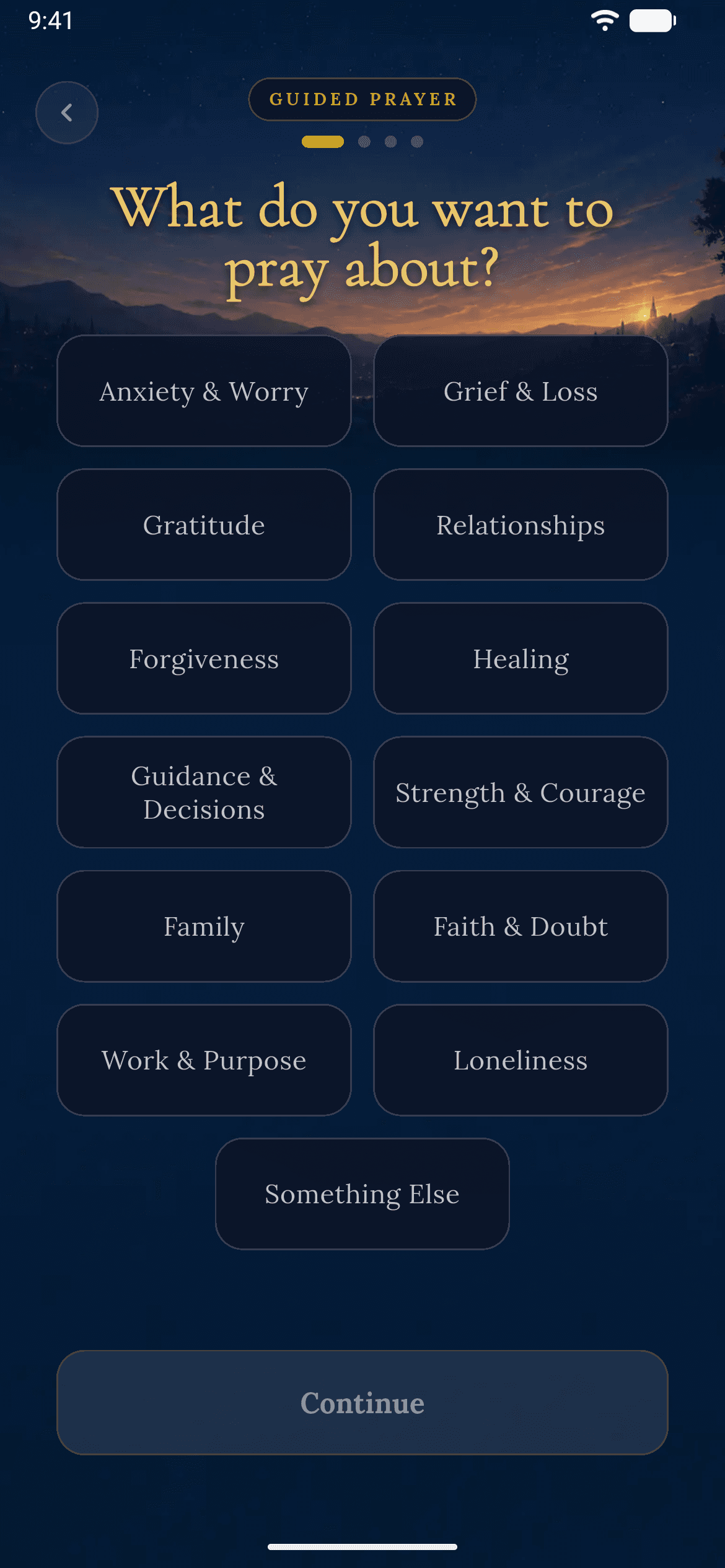 Devotion guided prayer topic selection in dark mode, including gratitude, relationships, guidance, and work.