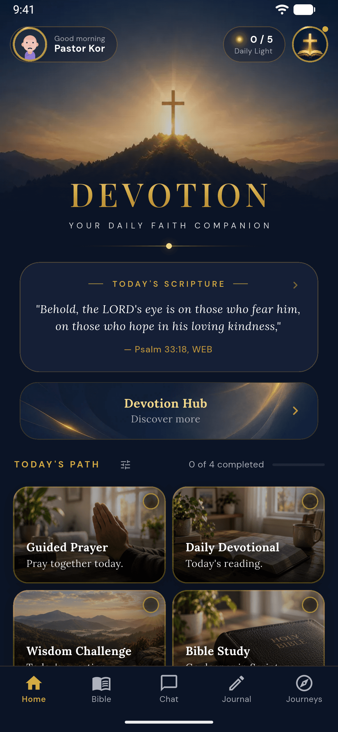 Devotion home screen at the top, showing the welcome area, complete cross artwork, Devotion title, today's Scripture, and the start of Today's Path.