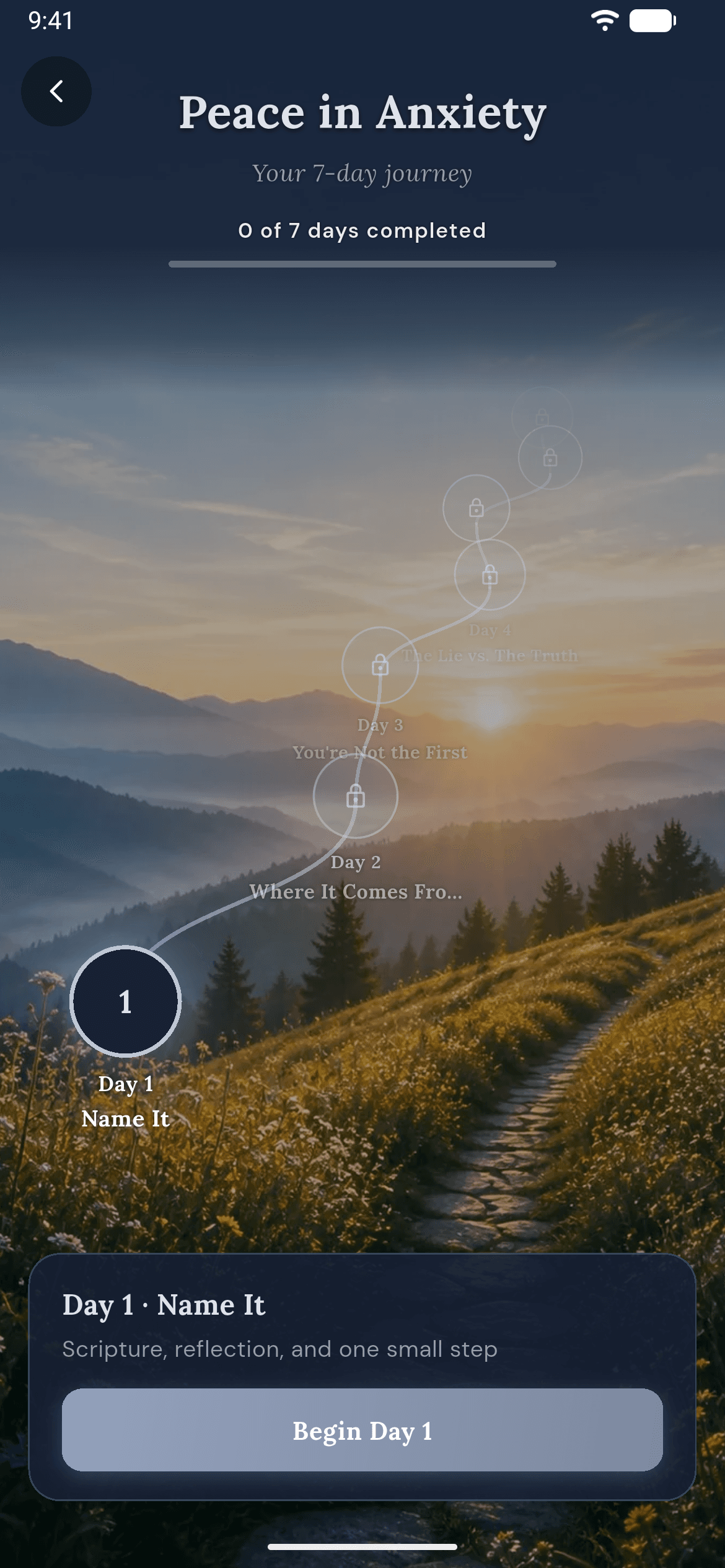 Devotion Peace in Anxiety journey with a seven-day path and an entry point for the first day.