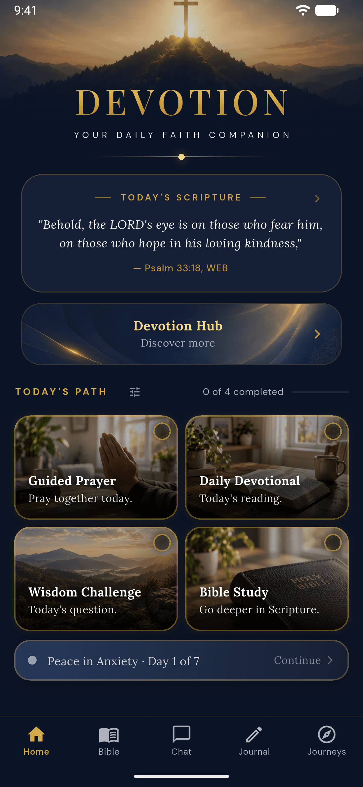 Devotion home scrolled to Today's Path, with Guided Prayer, Daily Devotional, Wisdom Challenge, and Bible Study fully visible.