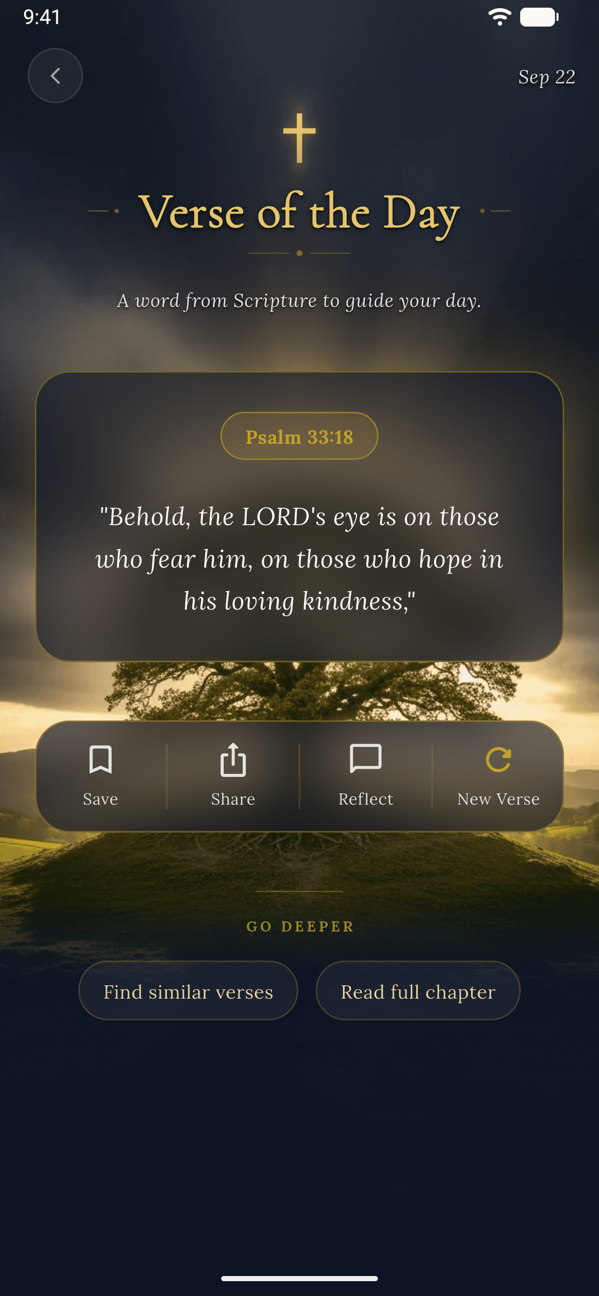 Devotion Verse of the Day in dark mode, with a Scripture card, save and share controls, and links to related verses and the full chapter.
