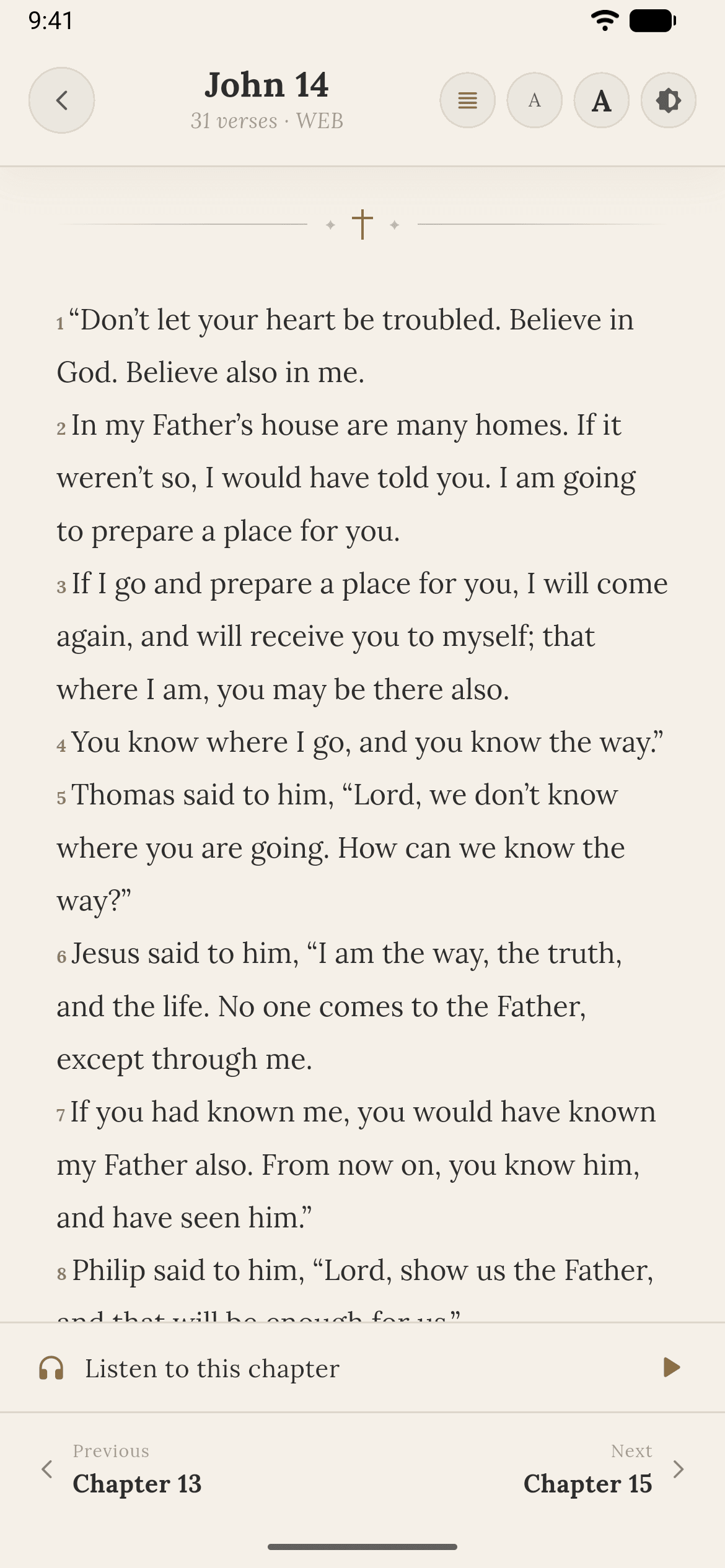 Devotion Bible reader open to John 14, with reading controls, chapter navigation, and an audio playback option.