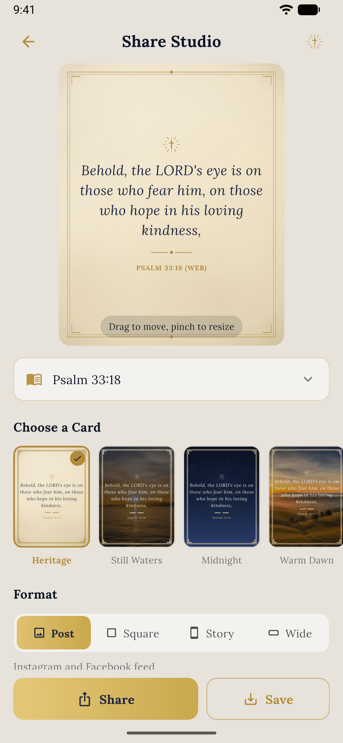 Devotion Share Studio showing a verse card, design choices, format controls, and share and save actions.