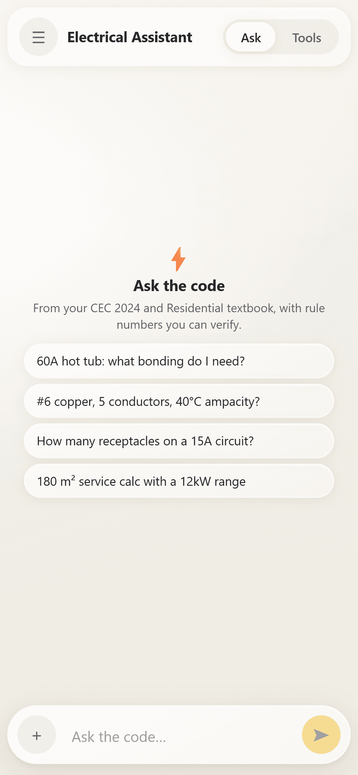 Electrical Assistant Ask the code screen with suggested questions, an attachment control, and tabs for chat and tools.