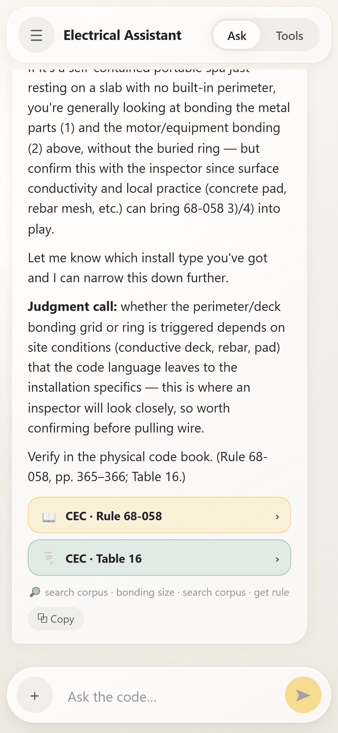 Electrical Assistant answer with rule and table citation chips, a verification reminder, and the tools used during the conversation.