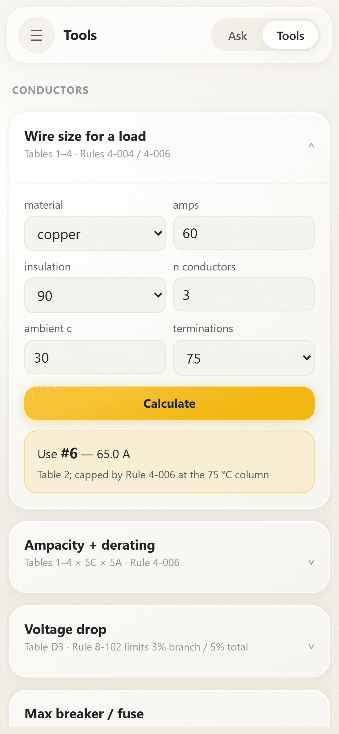 Electrical Assistant wire-size calculator with input fields, a calculated result, source-table reference, and termination-temperature limit.