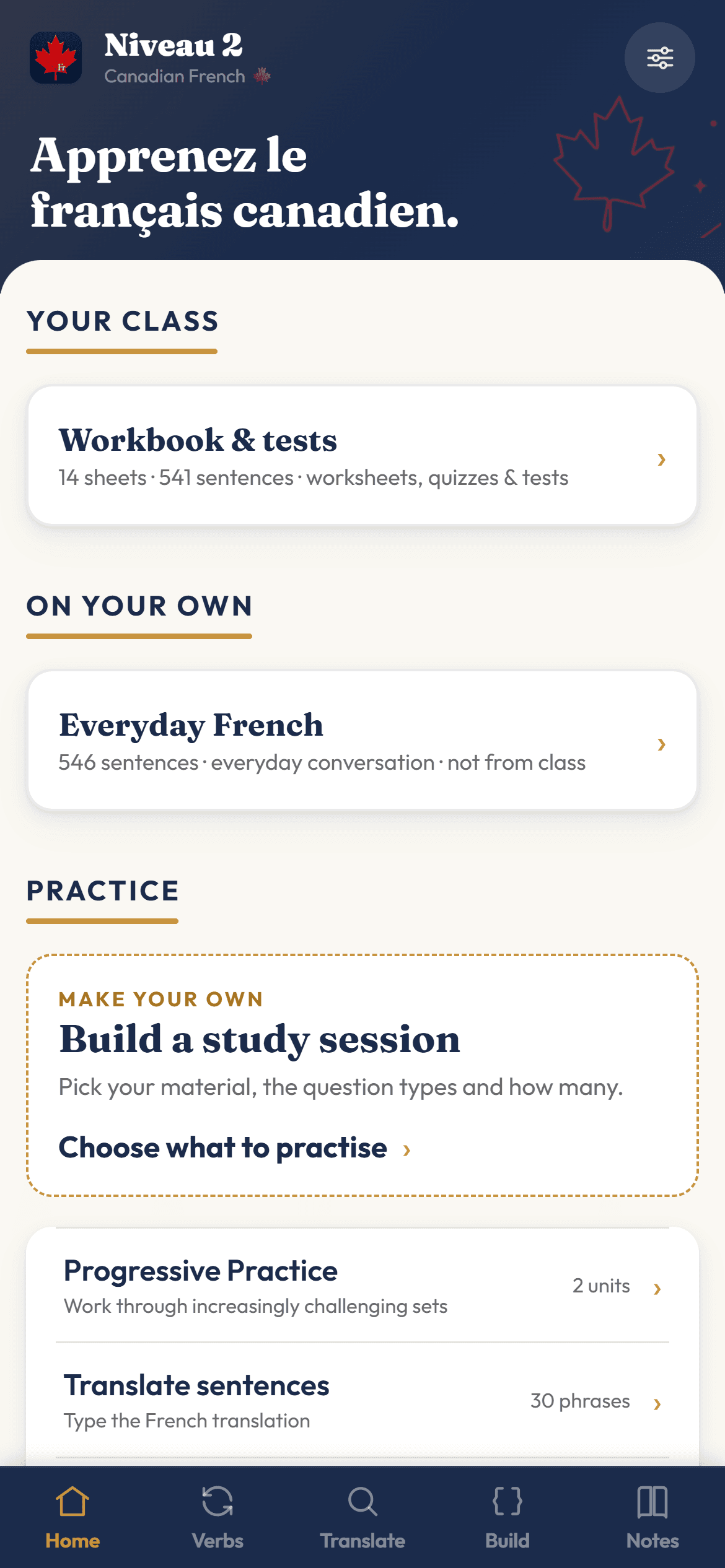 Kanrabat Niveau 2 home screen with class workbook, everyday French, and study-session options.