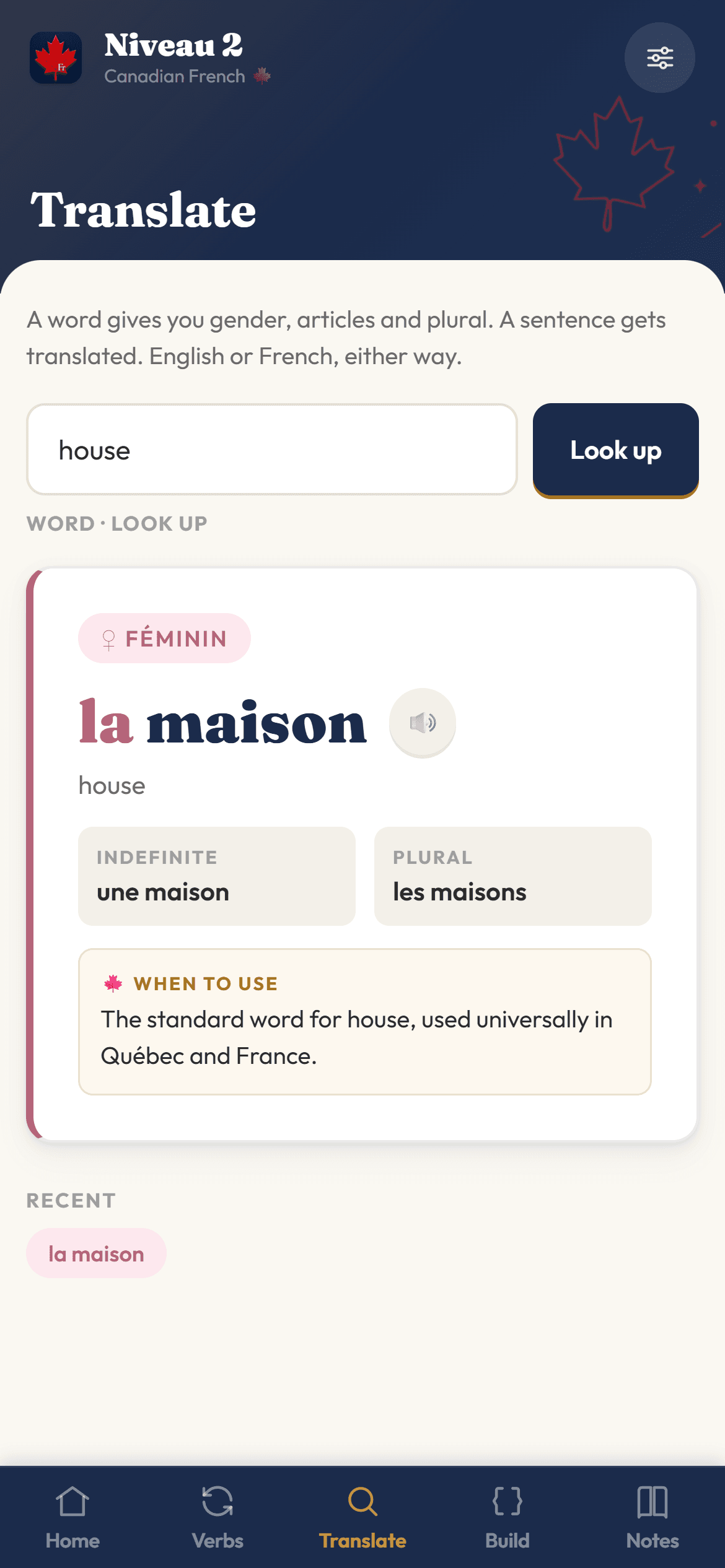 Kanrabat translation of house as la maison, showing feminine gender, indefinite article, plural, pronunciation control, and a usage note for Québec and France.