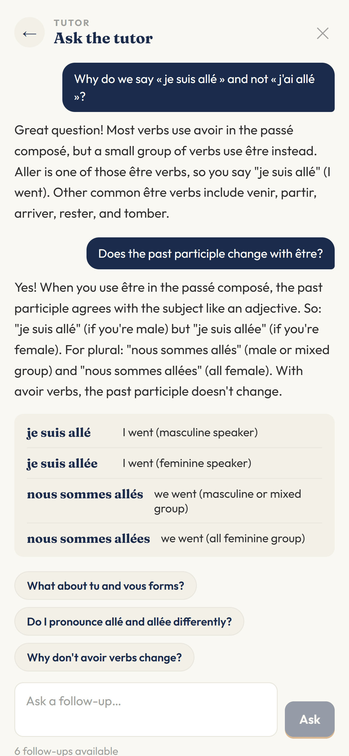 Kanrabat AI tutor explaining French auxiliary verbs and answering a follow-up about past-participle agreement.